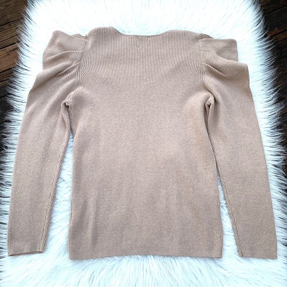 NWT Anne Klein Women’s Tan Ribbed Sweater V Neck Puffed Sleeve Size Large - Picture 9 of 11